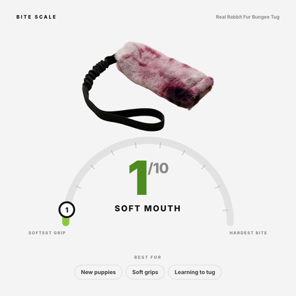 Bite scale: Real Rabbit Fur Bungee Tug rates 1 of 10, soft mouth. Best for new puppies, soft grips, and dogs learning to tug.
