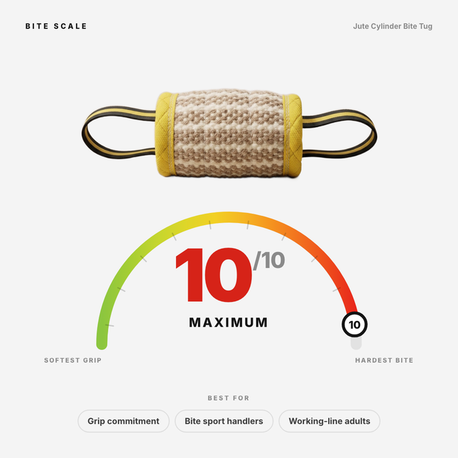 Bite scale: Jute Cylinder Bite Tug rates 10 of 10, maximum. Best for grip commitment, bite sport handlers, and working-line adults.