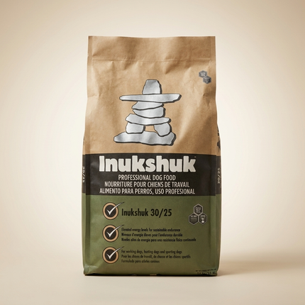 Inukshuk 30/25 High Energy Working Dog Food 15kg bag on warm beige studio background