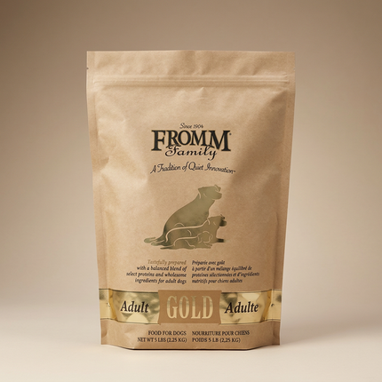 Fromm Adult Gold 5-Protein Holistic Dog Food 30lb bag on warm beige studio background