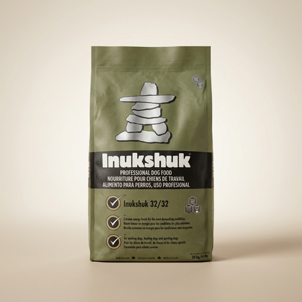 Inukshuk 32/32 Extreme Energy Dog Food 20kg bag on warm beige studio background