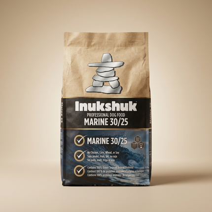 Inukshuk Marine 30/25 Fish Dog Food 15kg bag on warm beige studio background