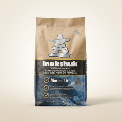 Inukshuk Marine 26/16 Fish Dog Food 15kg bag on warm beige studio background