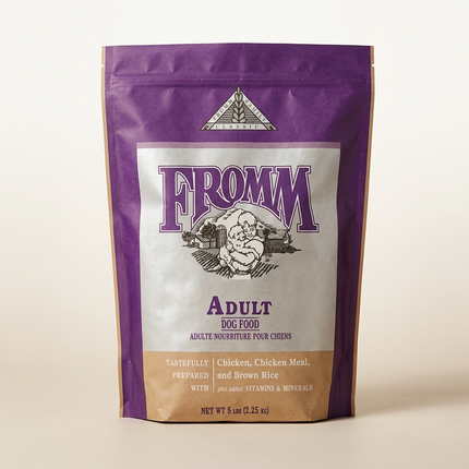 Fromm Classic Adult Holistic Dog Food 30lb bag on warm beige studio background
