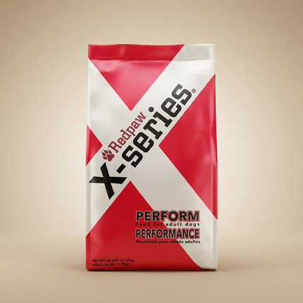 RedPaw X-Series Perform dog food bag on warm beige studio background, satin sheen