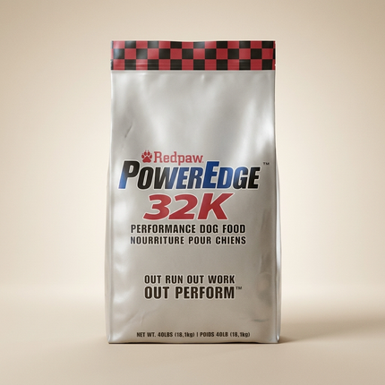 RedPaw PowerEdge 32K 26lb dog food bag on warm beige studio background, satin sheen