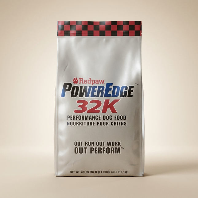 RedPaw PowerEdge 32K 26lb dog food bag on warm beige studio background, satin sheen