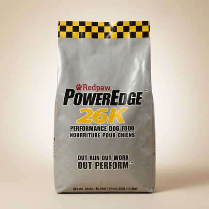 RedPaw PowerEdge 26K dog food bag on warm beige studio background, satin sheen