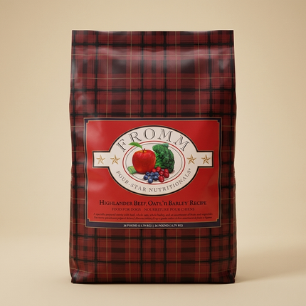Fromm Four-Star Highlander Beef 26lb bag on warm beige studio background