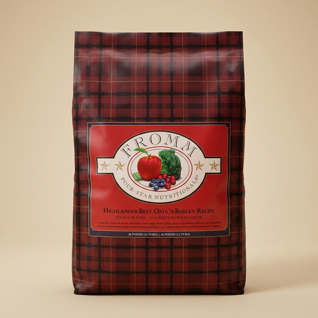 Fromm Four-Star Highlander Beef 26lb bag on warm beige studio background