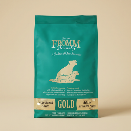 Fromm Gold Large Breed Adult 30lb bag on warm beige studio background