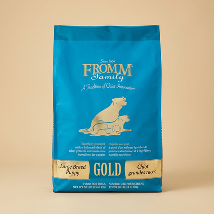 Fromm Gold Large Breed Puppy 30lb bag on warm beige studio background