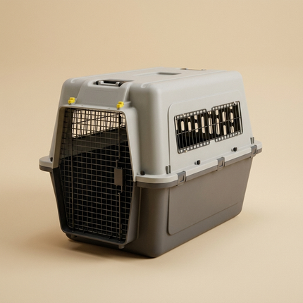 Academy Carrier Kennel IATA-approved travel crate on warm beige studio background