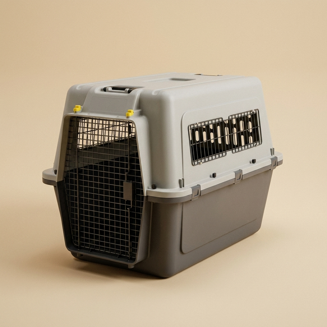 Academy Carrier Kennel IATA-approved travel crate on warm beige studio background