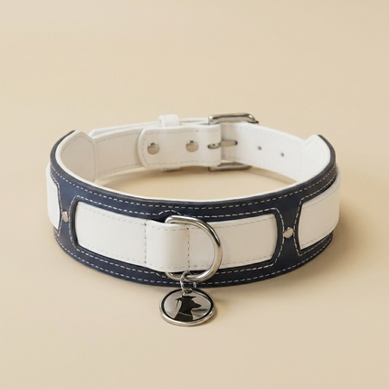 Two-Tone Leather Dog Collar navy and white on warm beige studio background