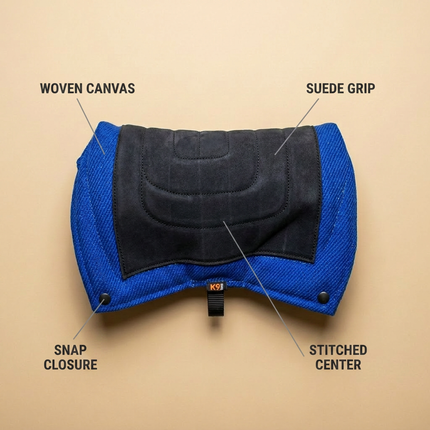 Slide 3 - Materials and construction callouts - woven canvas suede grip stitched center snap closure